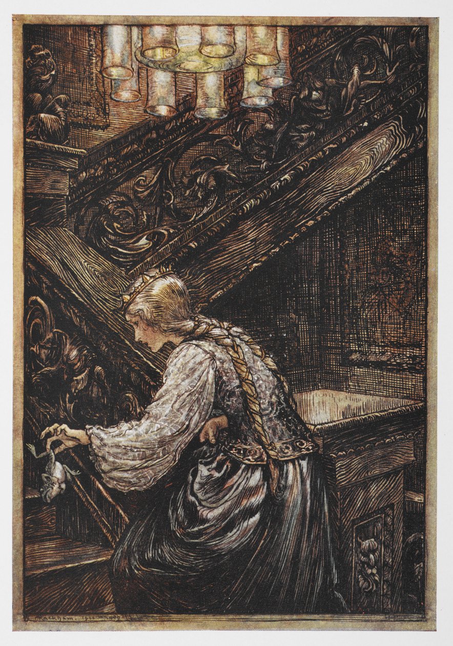 En prinsesse, der bærer en frø fra Frøprinsen. af Arthur Rackham