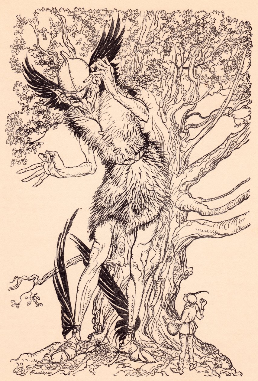 En frygtelig fyr halvt så stor som træet, han stod ved. Illustration af Arthur Rackham fra Grimm