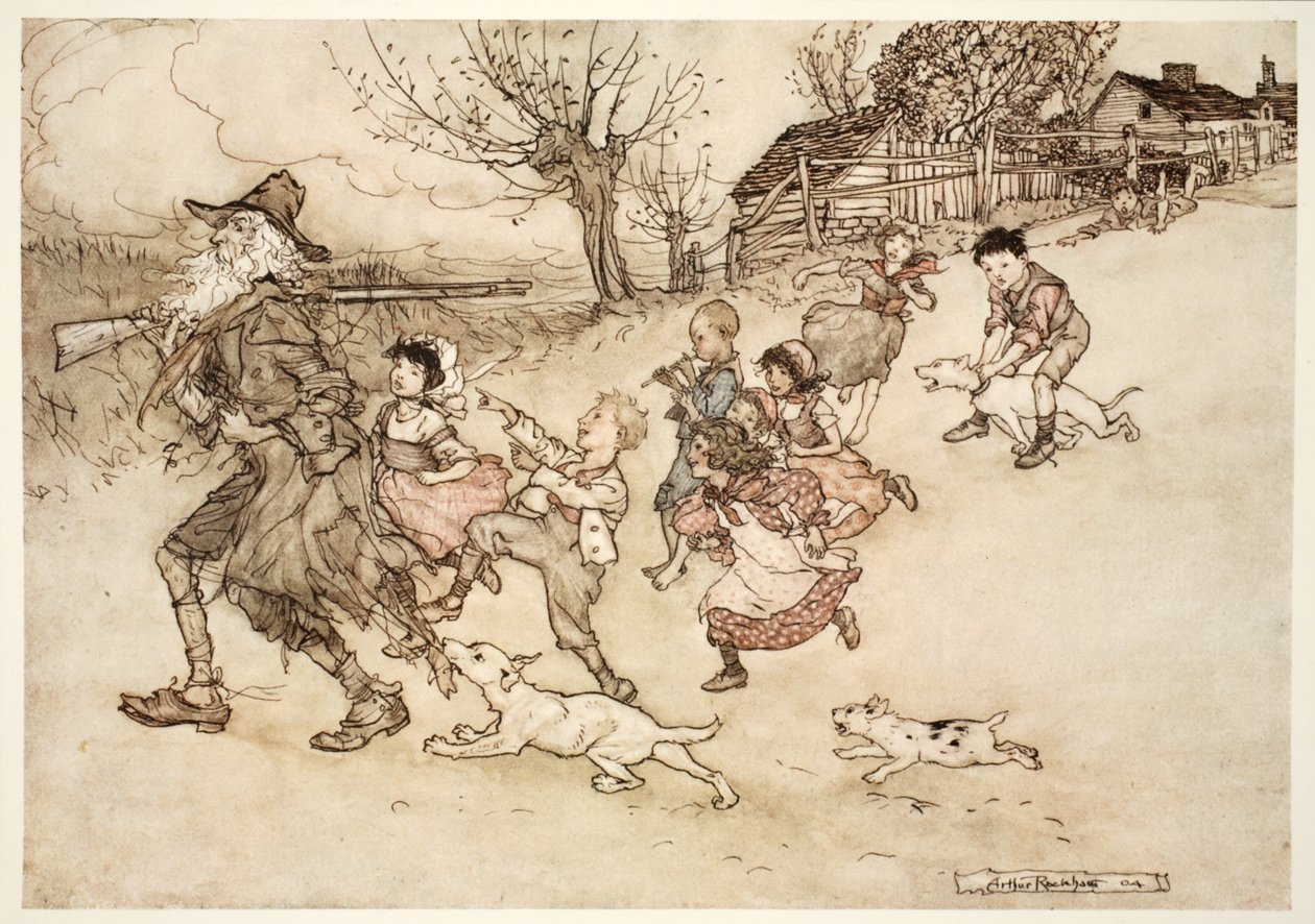 En flok mærkelige børn løb i hælene på ham, tudede efter ham og pegede på hans grå skæg., fra Rip Van Winkle ved Washington Irving, pub. 1910 af Arthur Rackham