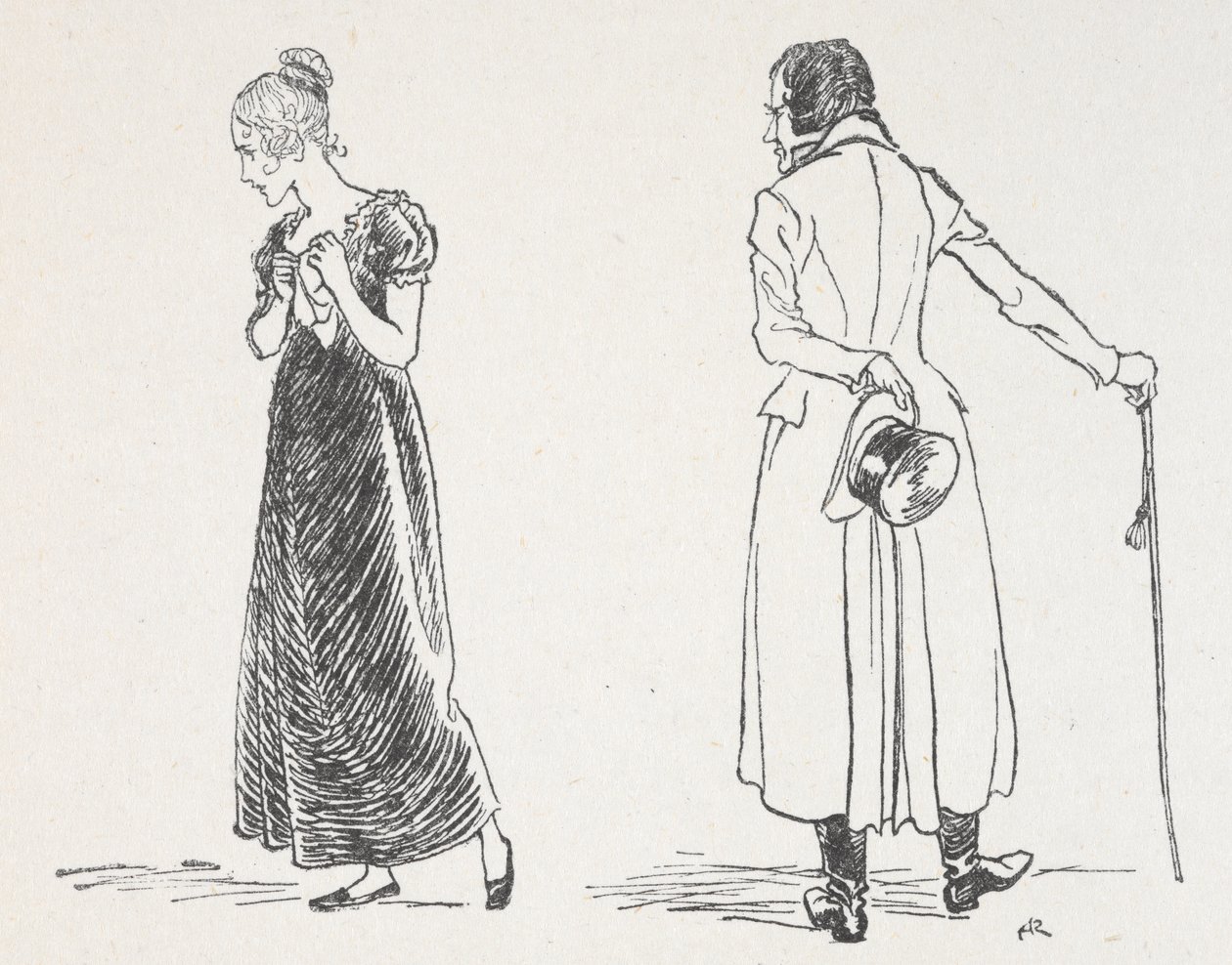 Et ungt par skændes, hvor kvinden havde vendt sig væk og holdt et lommetørklæde til brystet af Arthur Rackham