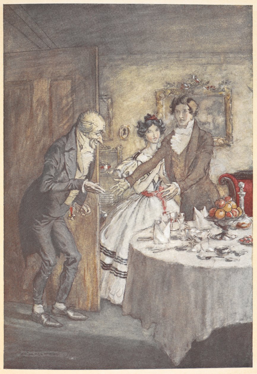 En ung mand og kvinde byder Joakim velkommen til et måltid i deres spisestue af Arthur Rackham