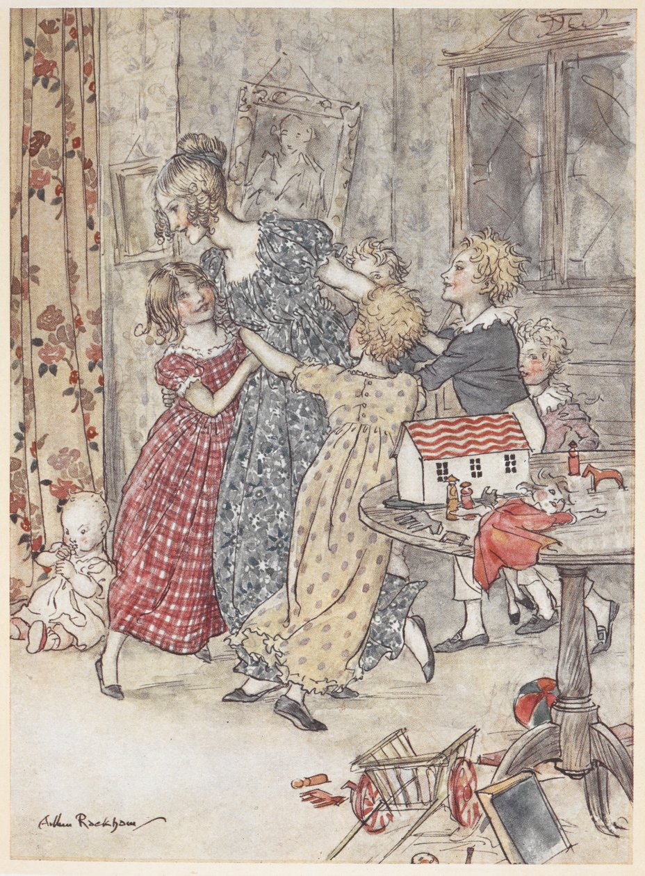 En ung kvinde og børn danser rundt i et legerum fyldt med legetøj af Arthur Rackham