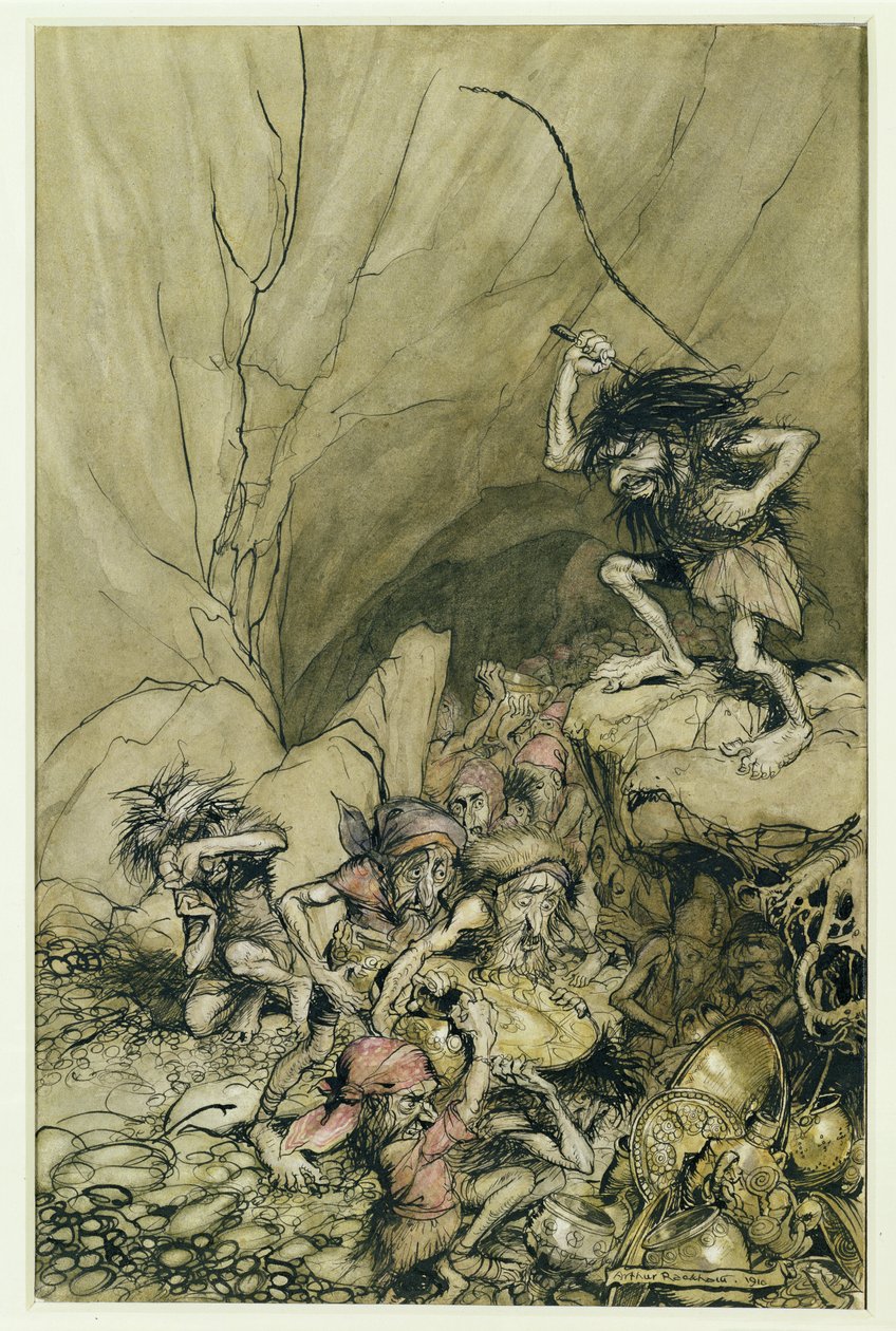 Alberich kører i en flok Nibelunger fyldt med guld- og sølvskatte, en illustration fra The Rheingold and the Valkyrie af Richard Wagner (1813-83) pub. 1910 (pen og blæk, wc) af Arthur Rackham