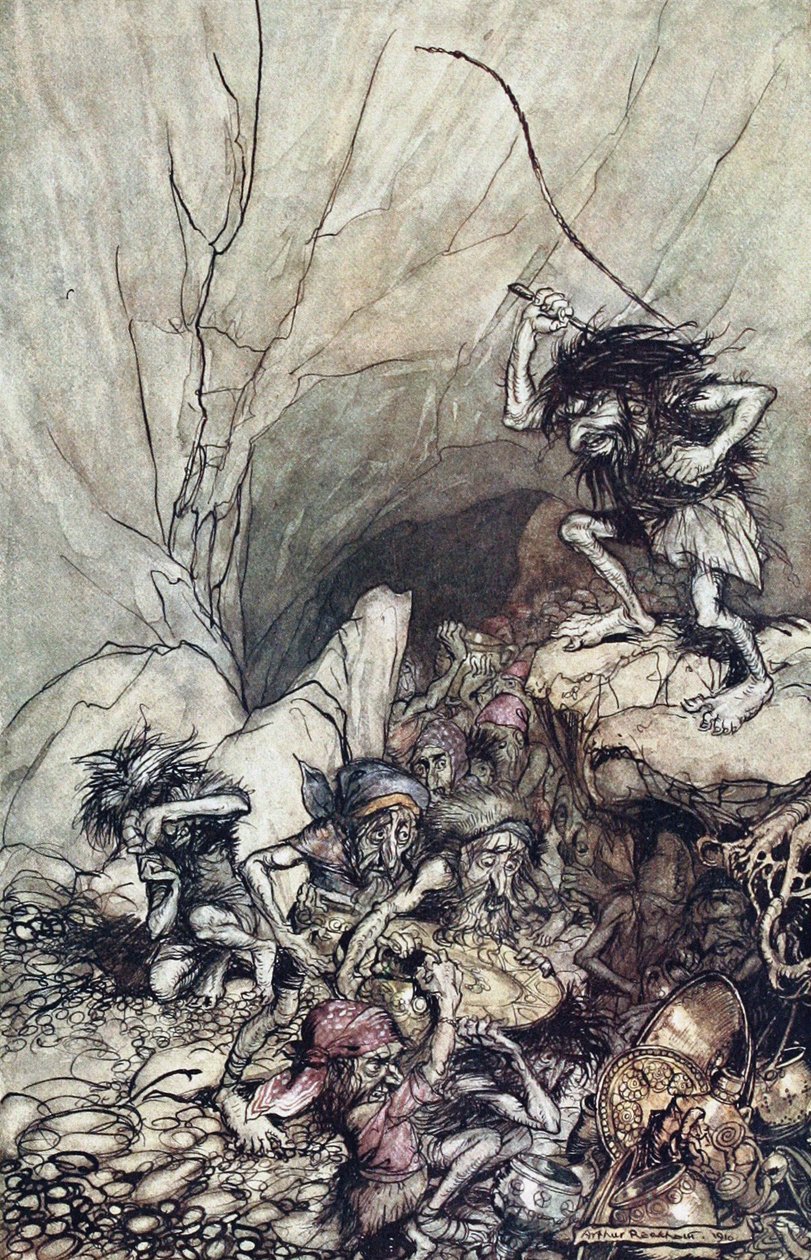 Alberich kører i en flok Niblungs belæsset med guld- og sølvskatte. Illustration til The Rhi af Arthur Rackham