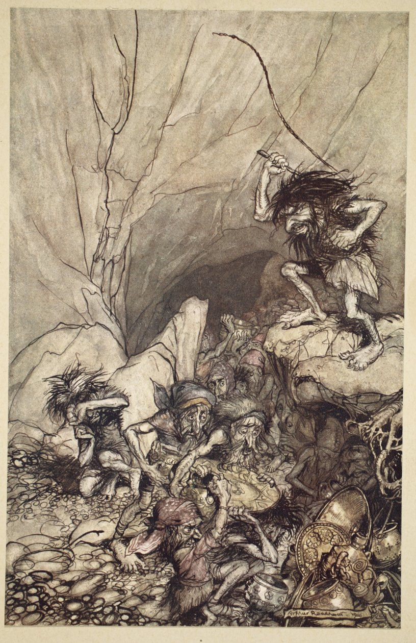 Albrech kører en flok nibelunger ind med guld- og sølvskatte, fra 