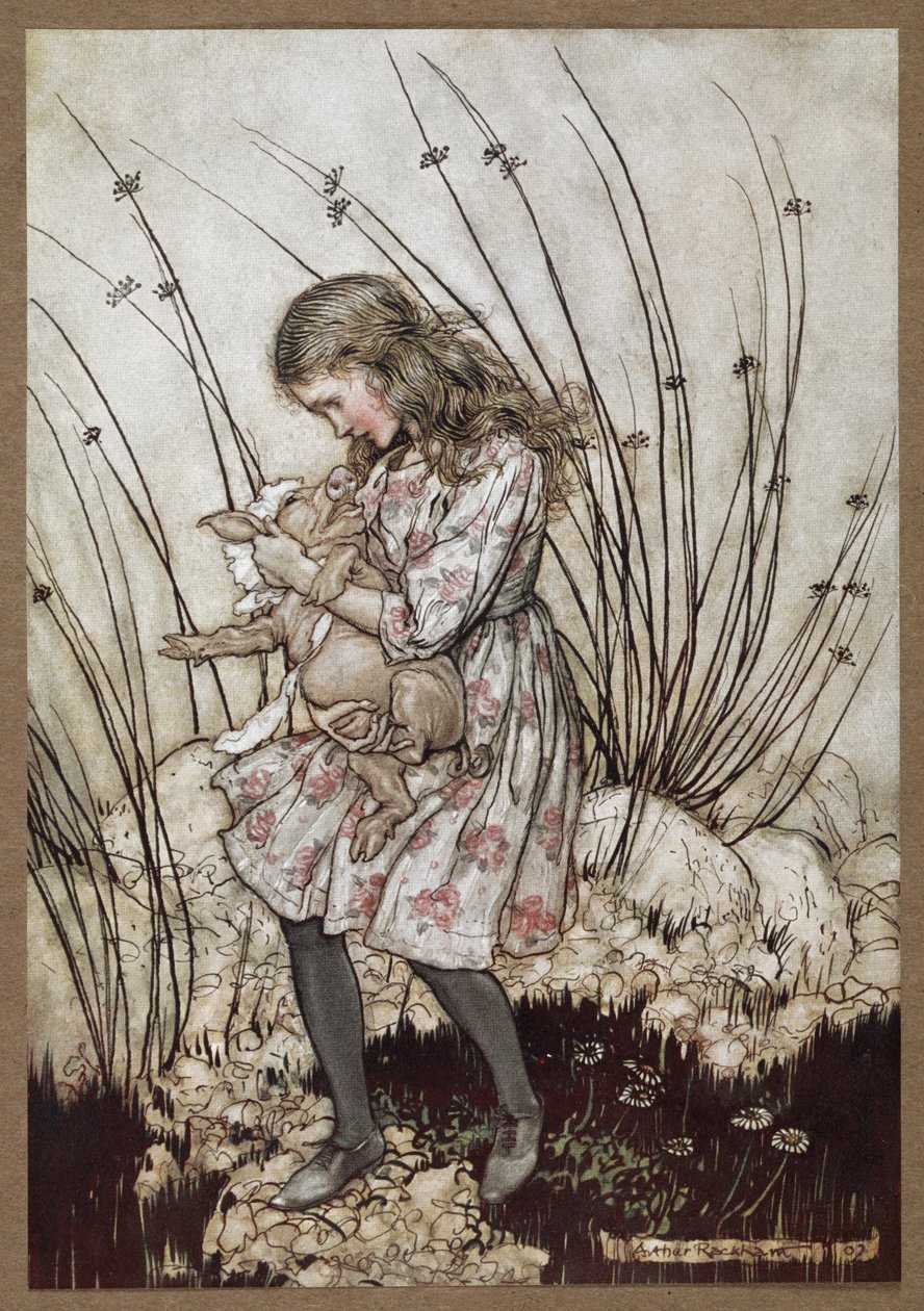 Alice og grisen klædt ud som en baby af Arthur Rackham
