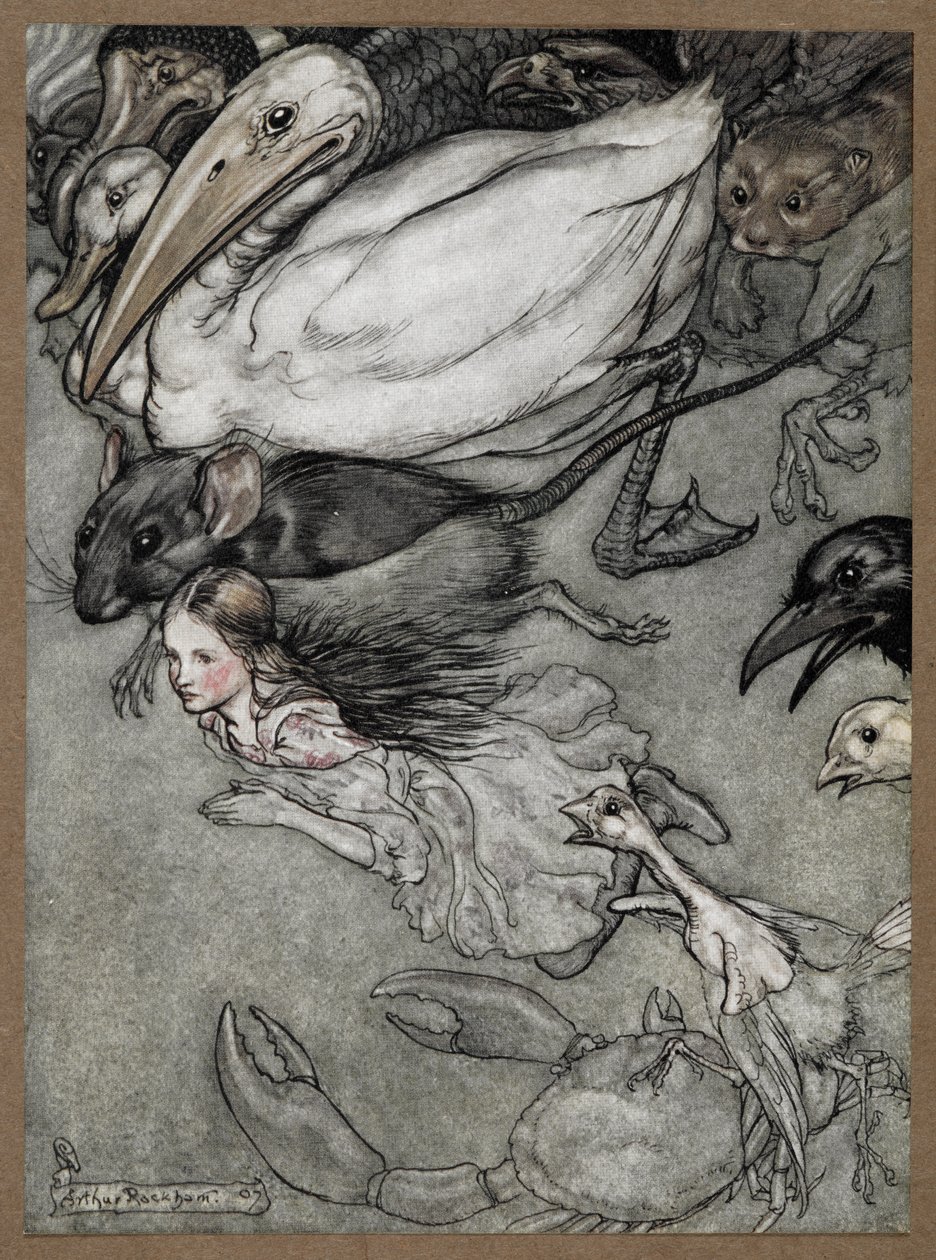 Alice og forskellige dyr svømmer, inklusive en rotte, en and, en dodo, en krage, en væsel, en krabbe og en kylling. af Arthur Rackham