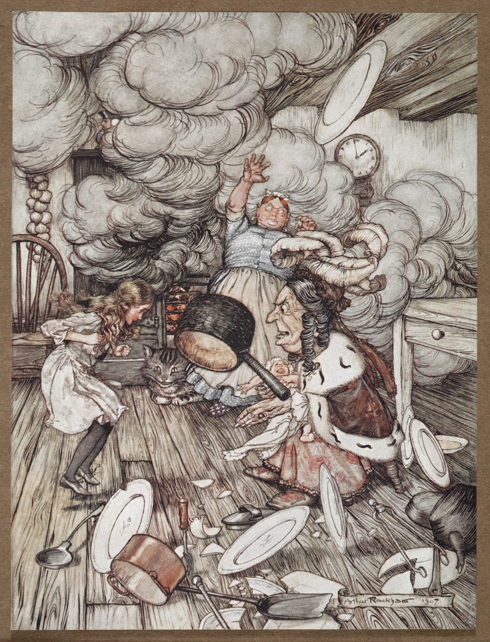 Alice i et køkken med hertuginden, en kok og Cheshire Cat af Arthur Rackham