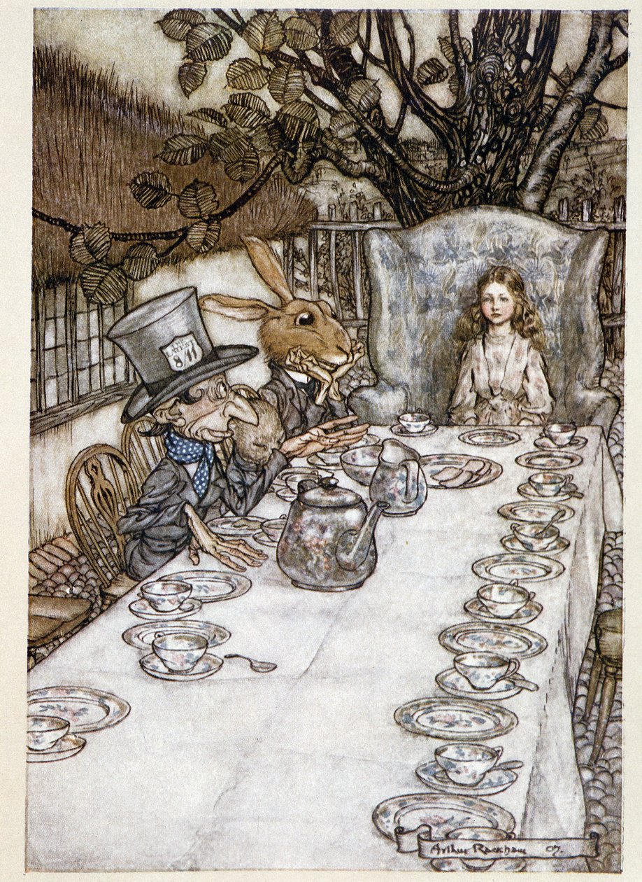 Alice tager "" i fjolserne""" (Hattemageren og Mars Lievre) - i "" Alice i Eventyrlands eventyr""", Lewis Carroll, ill. af Arthur Rackham (1867-1939) af Arthur Rackham