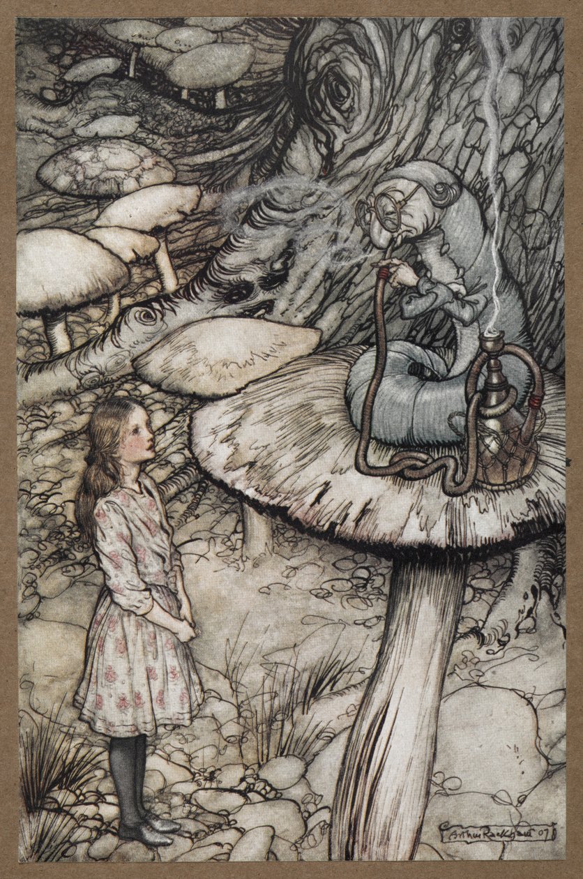 Alice taler med larven, der sidder på en svamp og ryger pibe af Arthur Rackham