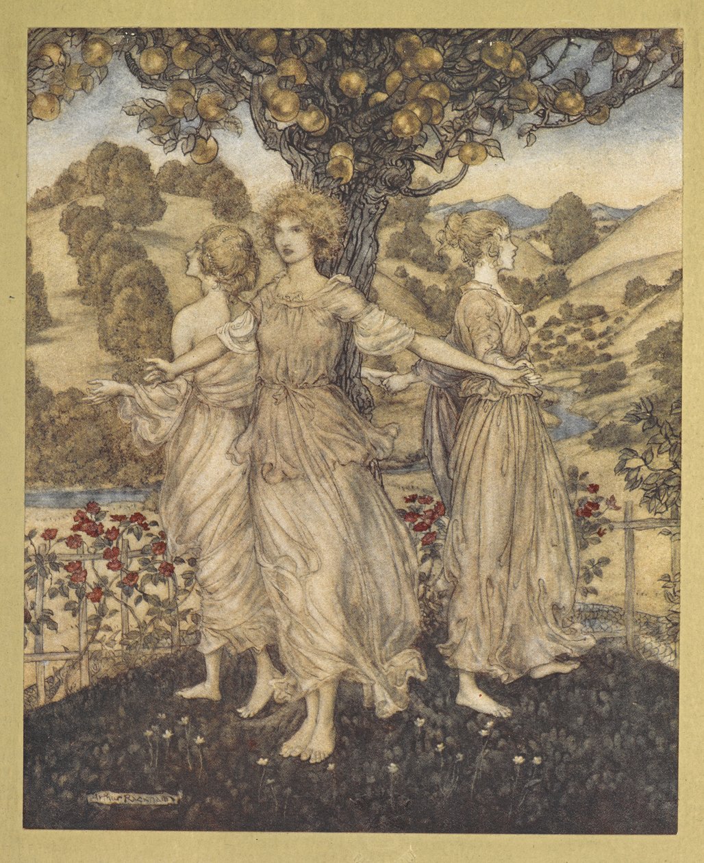 Alt sammen midt i havens messe, Hesperus, og hans døtre tre, der synger om det gyldne træ«. af Arthur Rackham