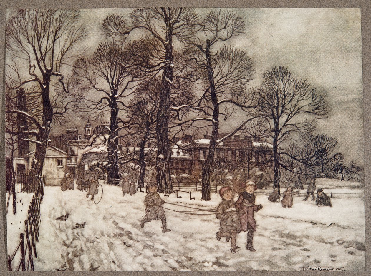 En eftermiddag, hvor haverne var hvide af sne, fra Peter Pan i Kensington Gardens af J M Barrie (1860 - 1937), pub. 1906 af Arthur Rackham