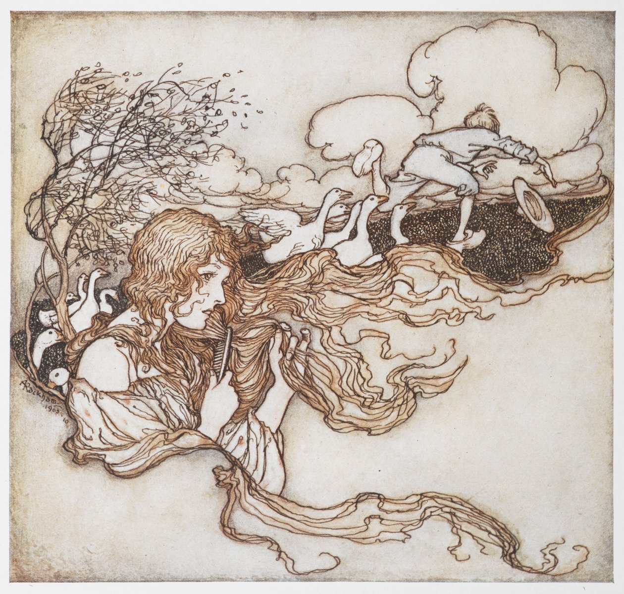 En illustration af en pige, der børster sit hår med gæs og en dreng i baggrunden, fra Gåsepigen. af Arthur Rackham