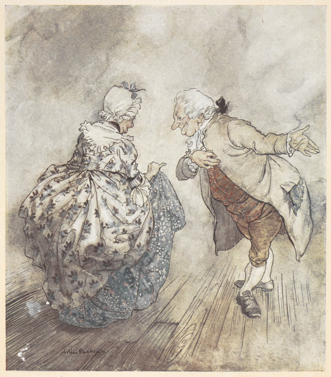 Et gammelt par i formelt tøj, der skal til at danse af Arthur Rackham