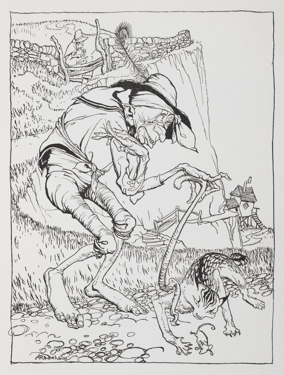En gammel skæv mand med sin skæve kat og skæve hus. af Arthur Rackham