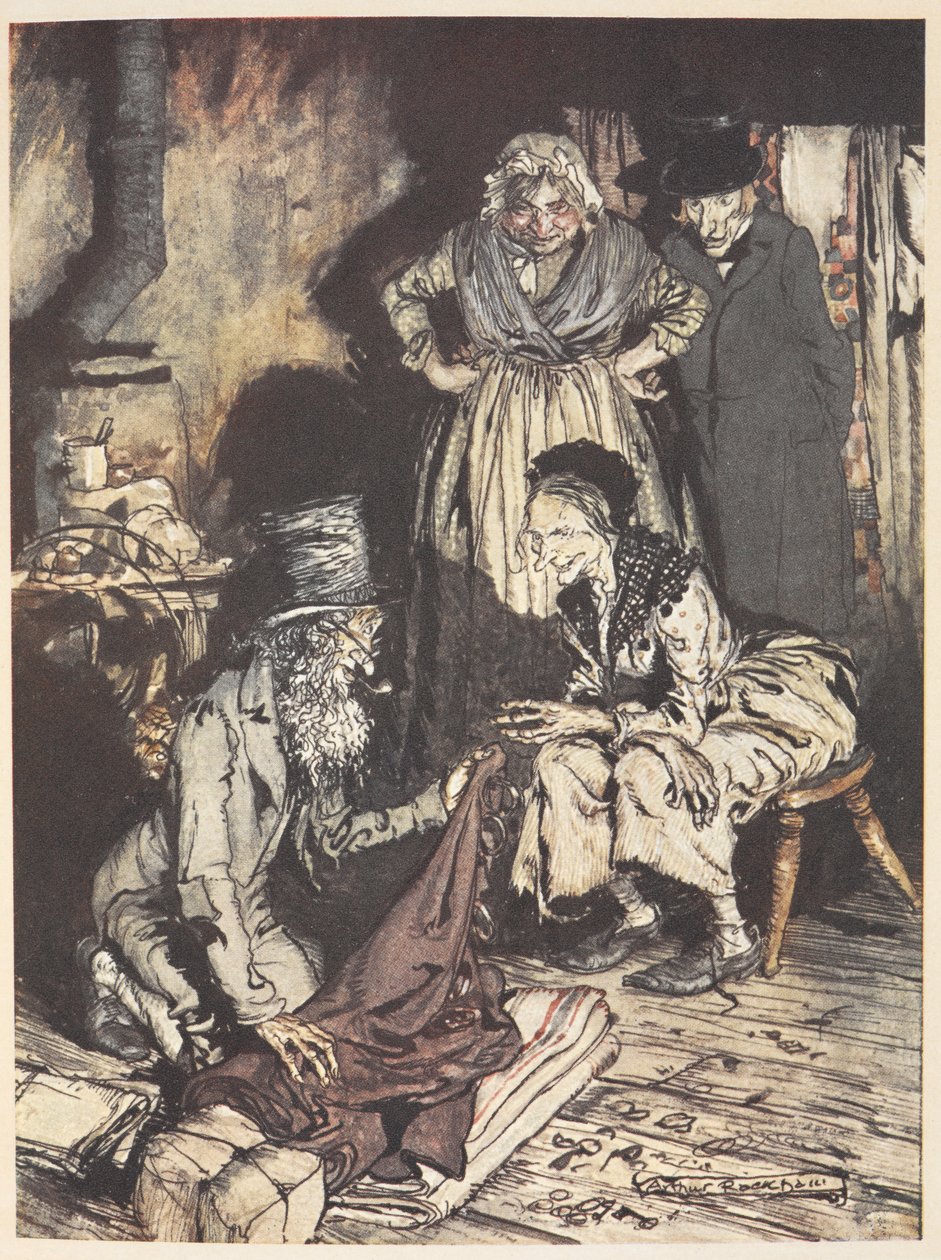 En gammel familie inde i deres hus med en mand, der tilbyder dem gardiner af Arthur Rackham