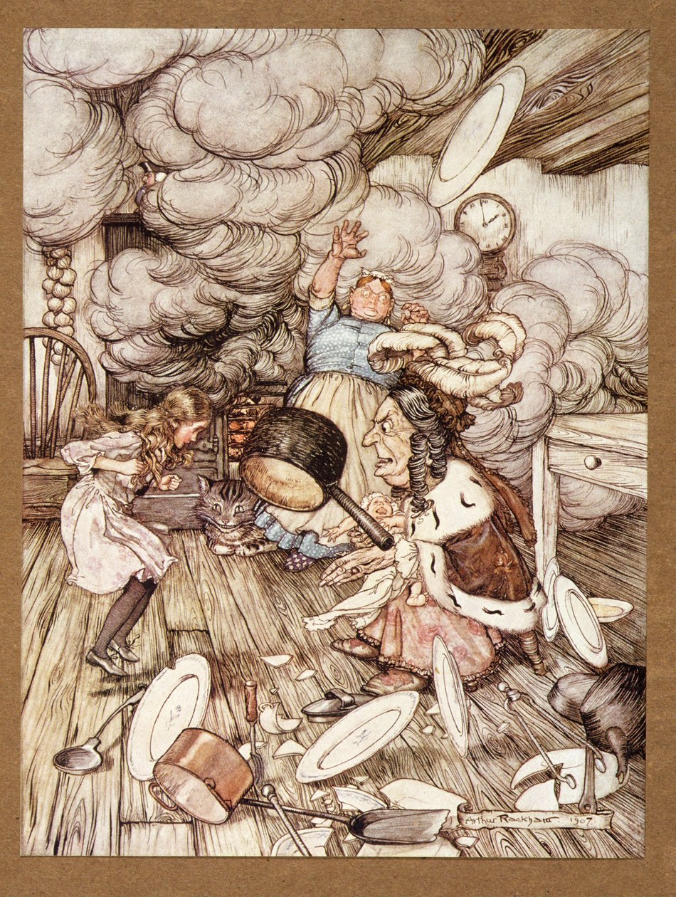 En usædvanlig stor gryde fløj tæt på den og bar den næsten væk, fra Alices Adventures in Wonderland, af Lewis Carroll, pub.1907 af Arthur Rackham