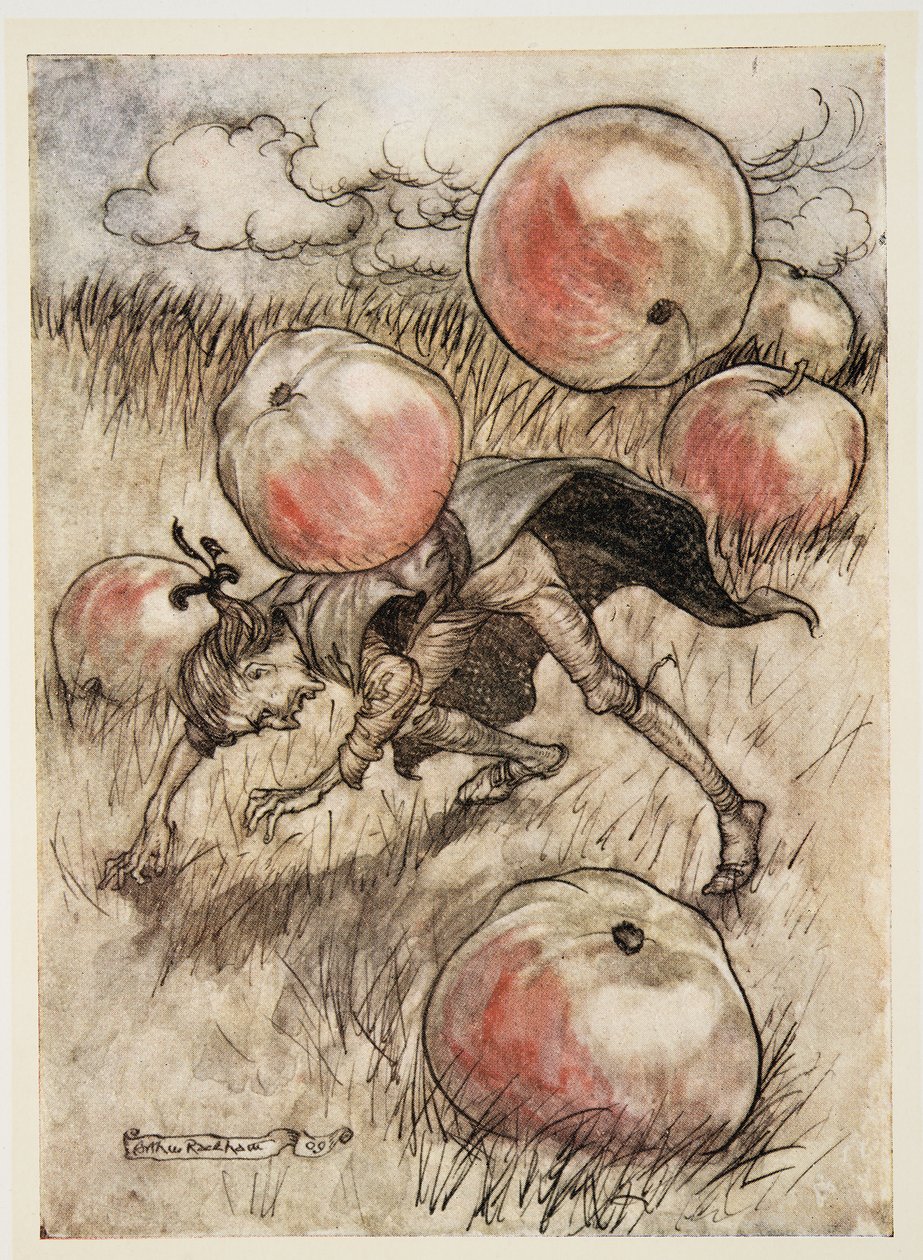 Æbler tumlede om mine ører, fra Gullivers rejser af Jonathan Swift (1667 - 1745), pub. 1909 af Arthur Rackham