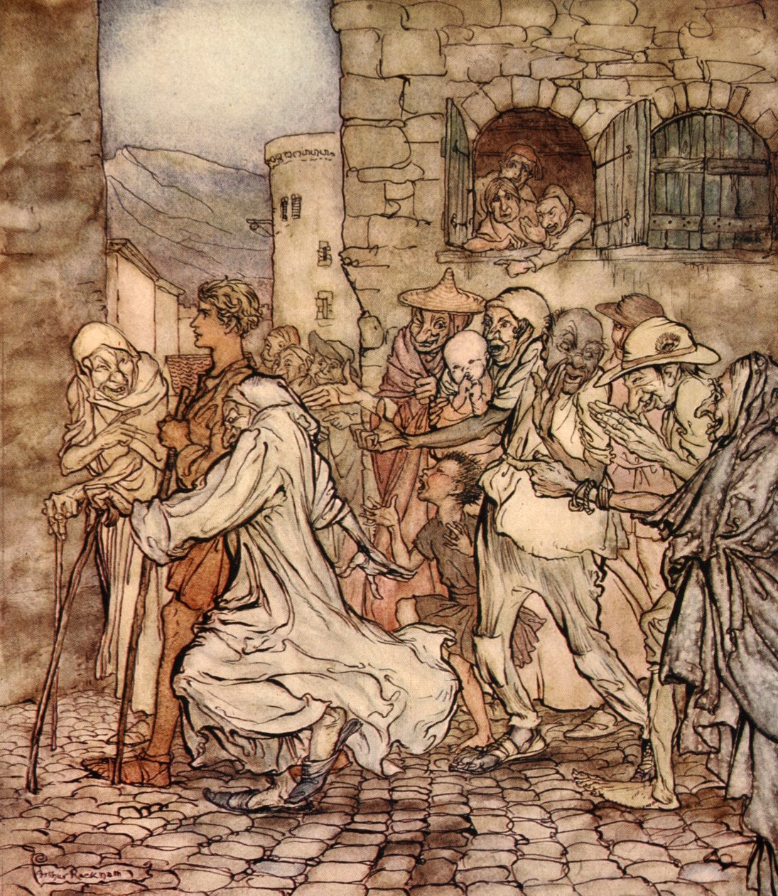 Mens Perseus gik langs pegede folk efter ham, illustration fra 