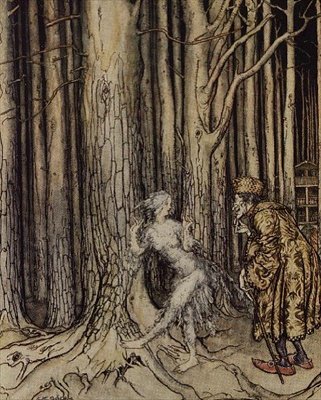 Til sidst mødte hun brudgommen, der langsomt kom tilbage, illustration til Fitchers Bird fra Lillebror, lille søster af brødrene Grimm, 1917 (wc, pen og blæk) af Arthur Rackham