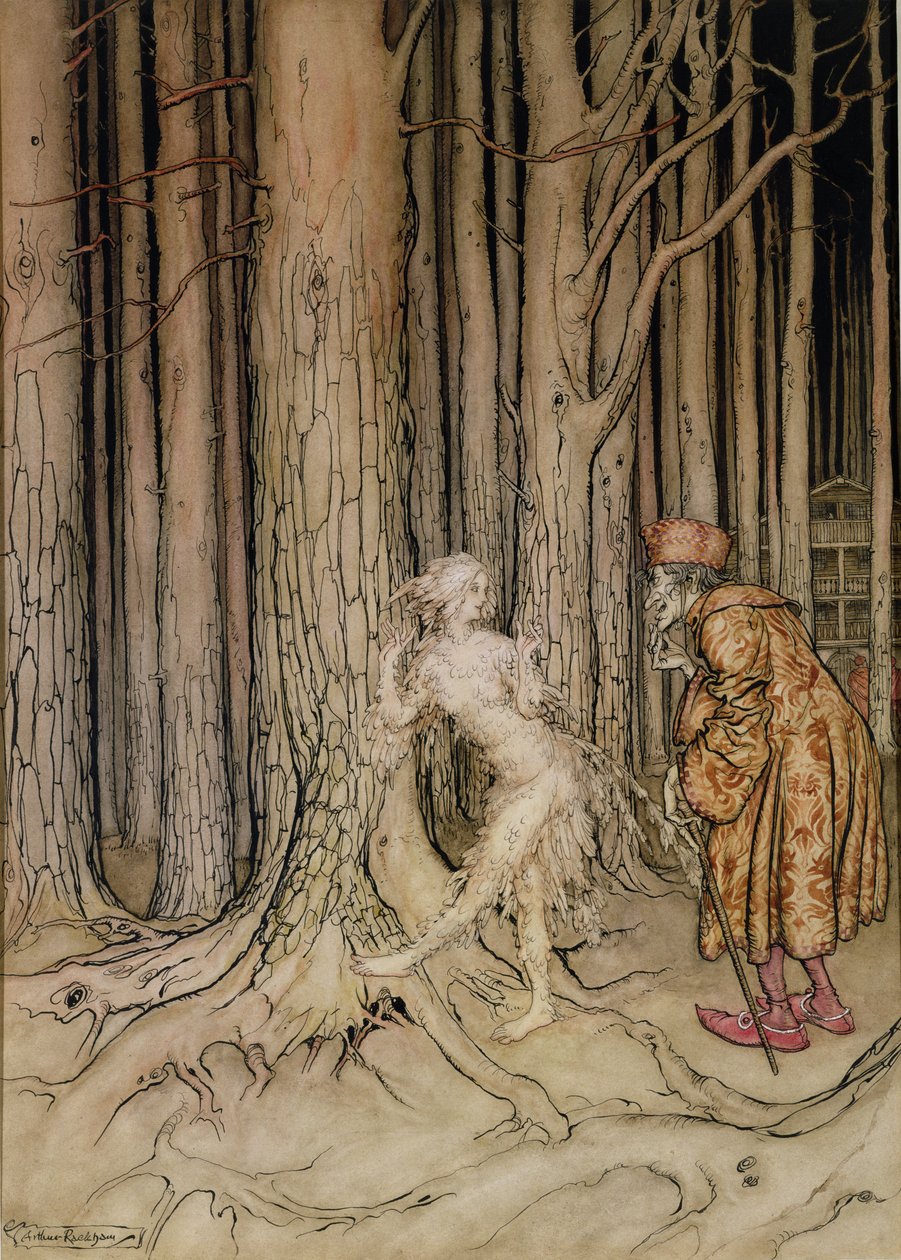 Til sidst mødte hun brudgommen, der langsomt kom tilbage, illustration til Fichers Bird, fra Lillebror, Lillesøster, af brødrene Grimm, 1917 (wc og pen og blæk på papir) (se også 28797) af Arthur Rackham