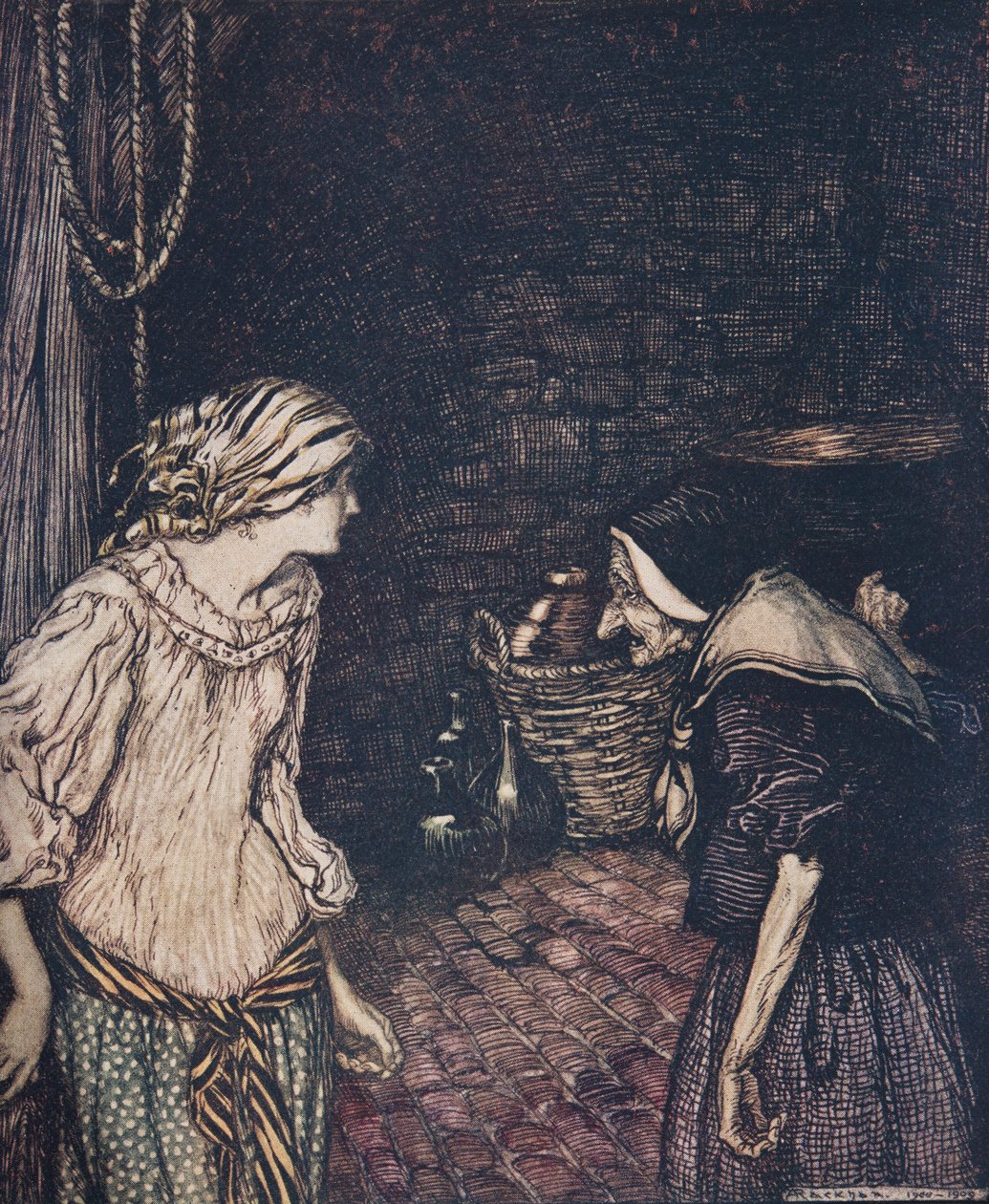 Endelig nåede hun frem til kælderen, og der fandt hun en gammel, gammel kvinde med et rystende hoved ..., fra Brødrene Grimms eventyr, udg. 1909 af Arthur Rackham