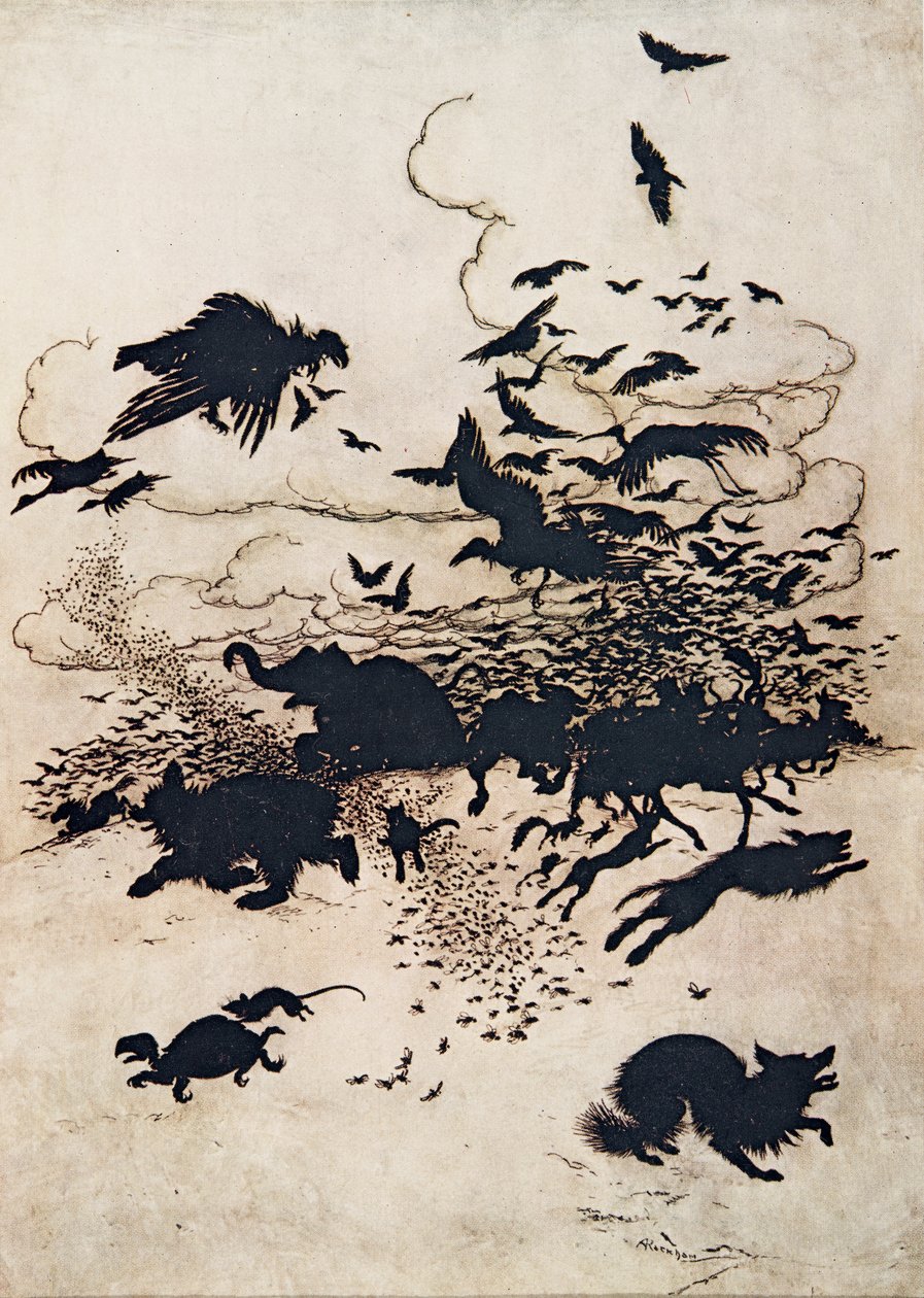 Ved det tredje stik skreg ræven og ned gik halen mellem hans ben... fra Brødrene Grimms eventyr, pub. 1909 af Arthur Rackham