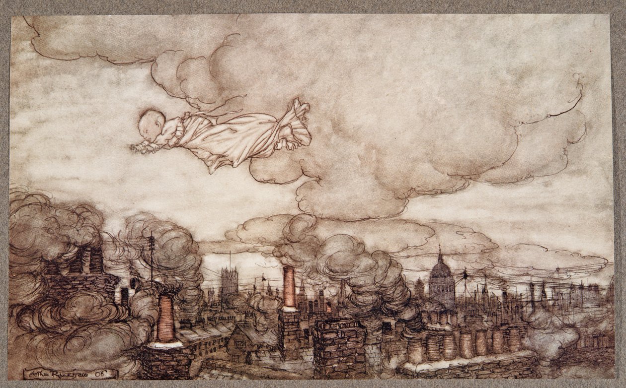 Væk fløj han lige over husene til Gardens, fra Peter Pan i Kensington Gardens af J M Barrie (1860 - 1937), pub. 1906 af Arthur Rackham