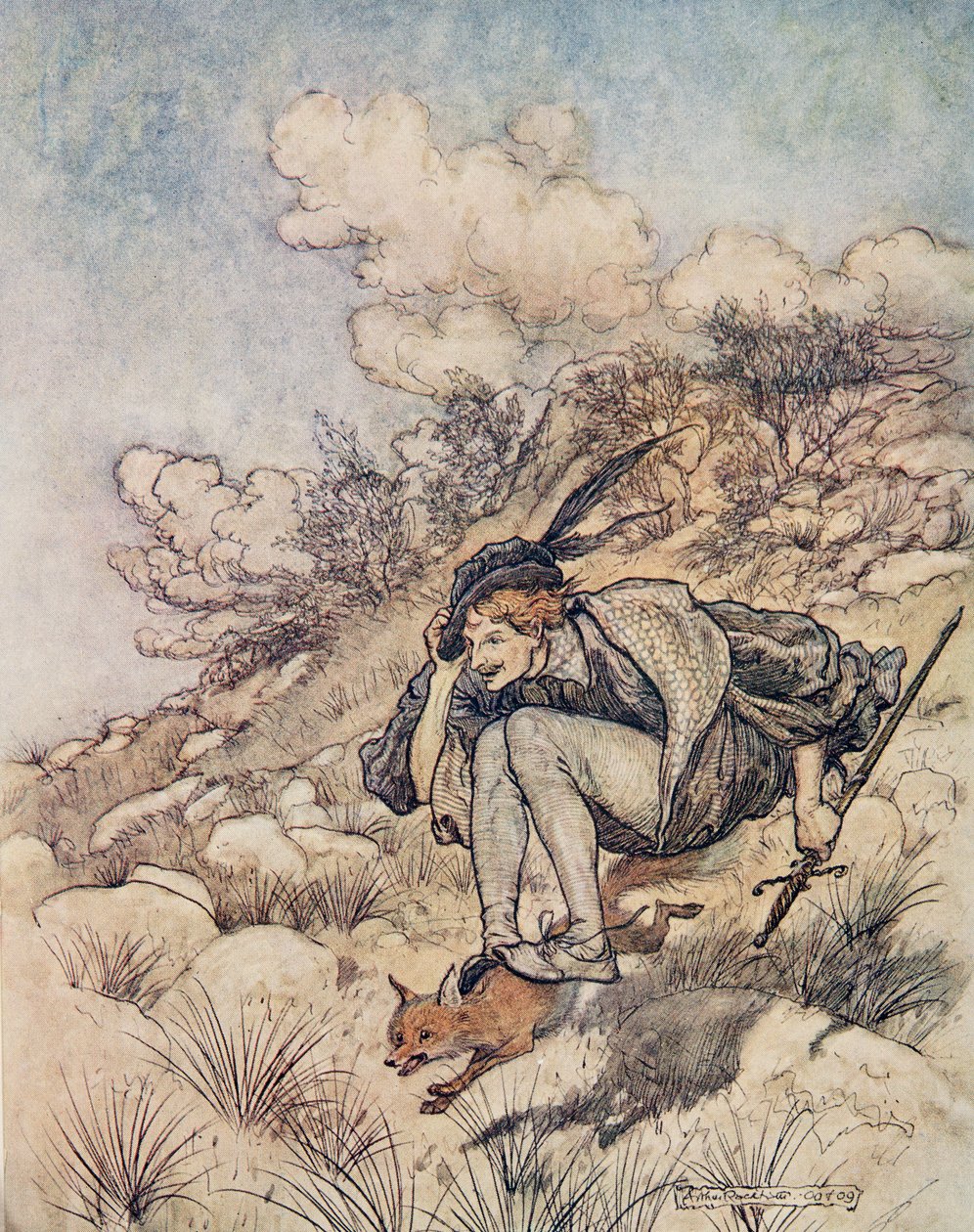 Væk fløj de over stokke og sten, i et sådant tempo, at hans hår fløjtede i vinden, fra Brødrene Grimms eventyr, pub. 1909 af Arthur Rackham
