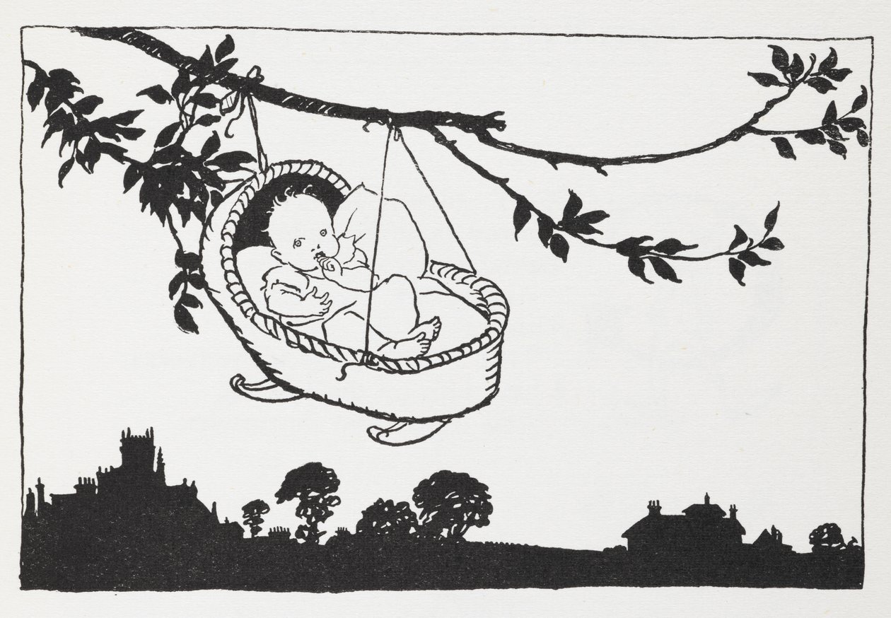 Baby i en tremmeseng hængende fra en gren. af Arthur Rackham