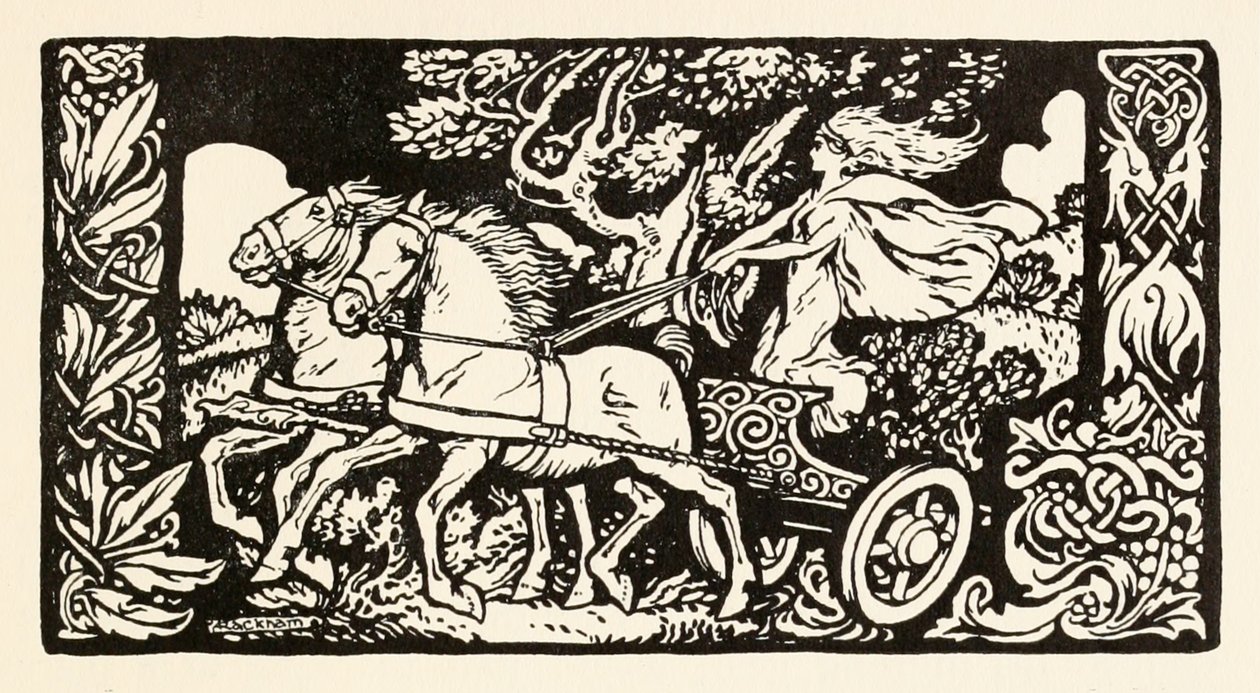 Becfola i sin vogn fra The Wooing of Becfola in Irish Fairy Tales af Arthur Rackham