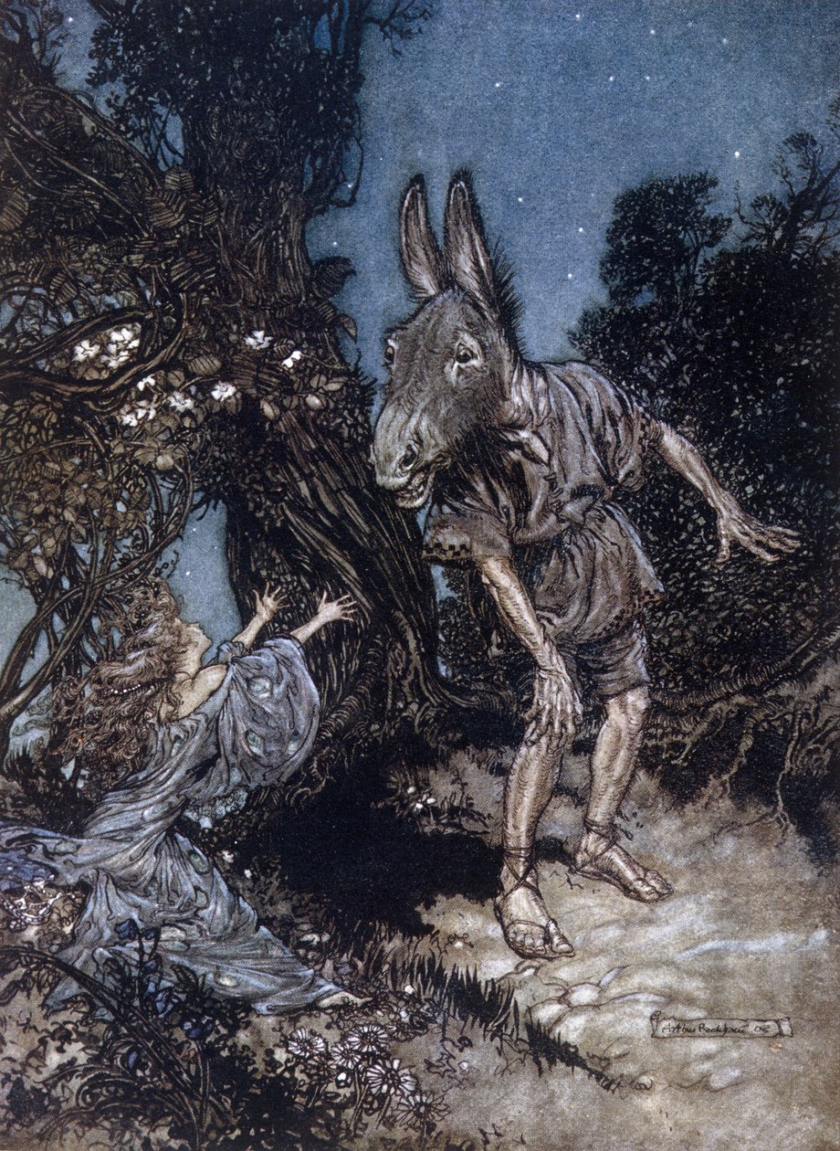 Nederst den æselhovede mand og Titania dronningen af gebyrer. Illustration af Arthur RACKHAM (1867-1939) til Drømmen om en sommernat af William SHAKESPEARE af Arthur Rackham