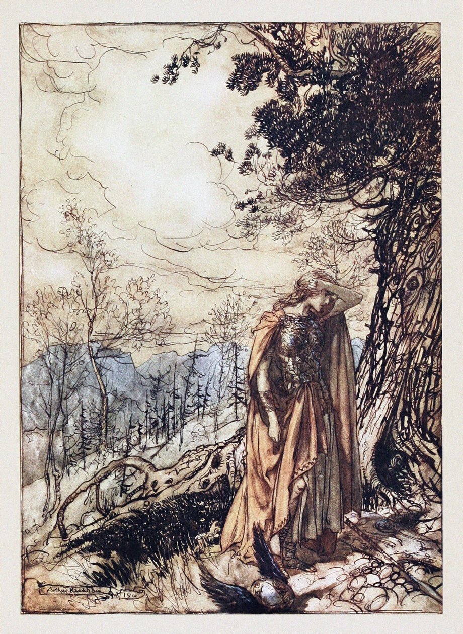 Brünnhilde. Illustration til Rhinegold og Valkyrien af Richard Wagner, 1910 af Arthur Rackham