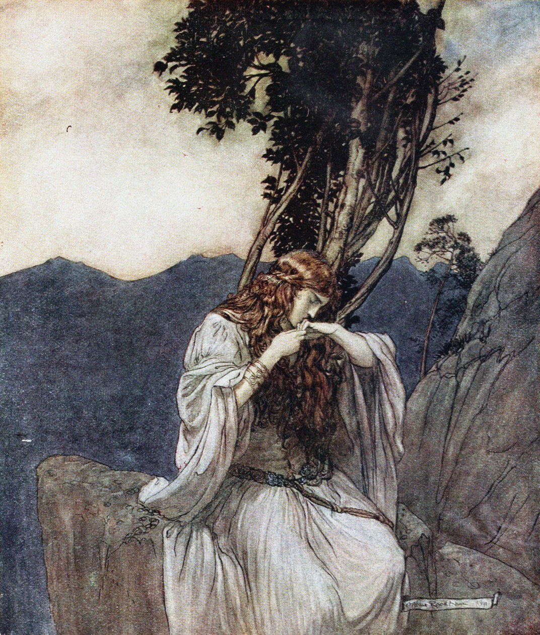 Brünnhilde kysser ringen, som Siegfried har efterladt med hende. Illustration til Siegfried and The Twi af Arthur Rackham