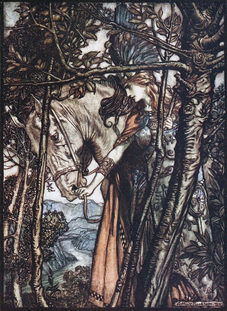 Brünnhilde fører sin hest ved tøjlen. Illustration til Rhinegold og Valkyrien af Richa af Arthur Rackham