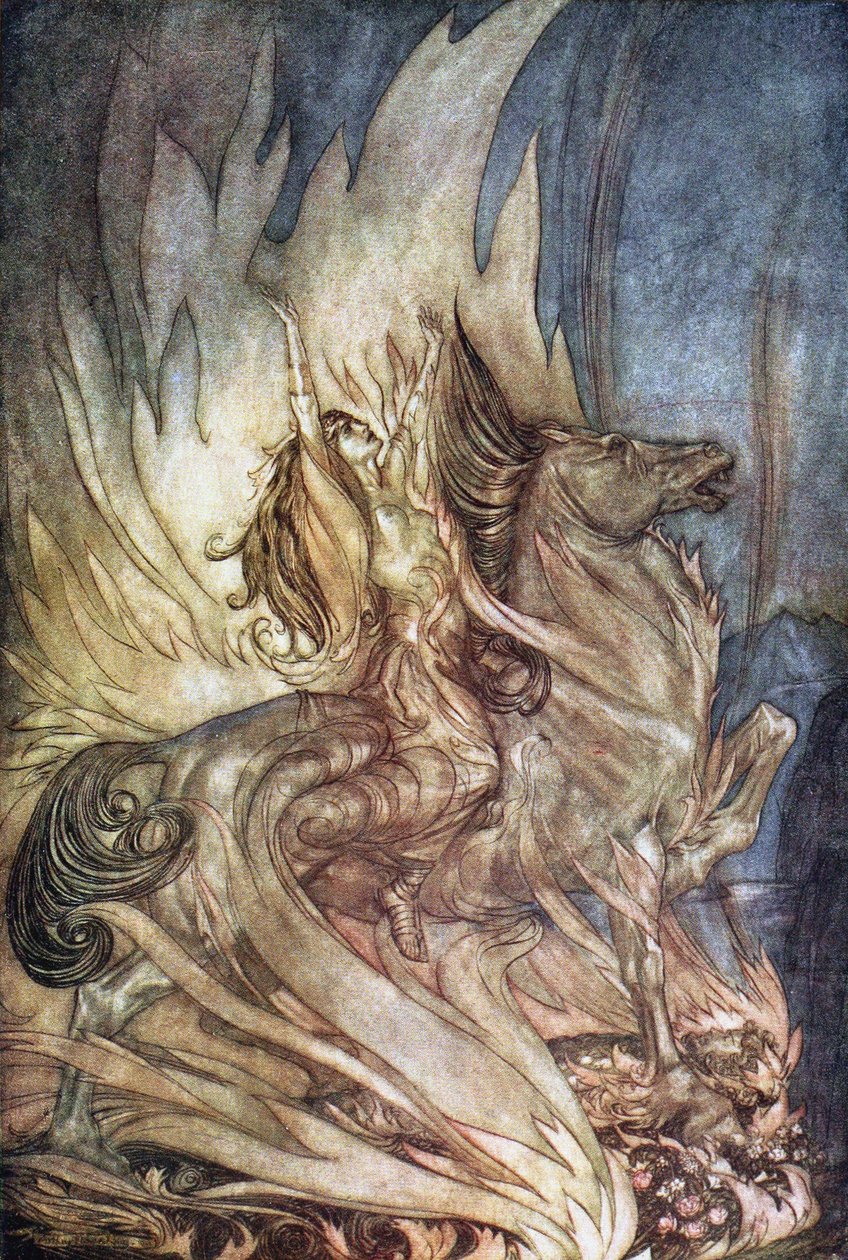 Brünnhilde på Grane springer op på Siegfrieds ligbål. Illustration til Siegfried and The Tw af Arthur Rackham