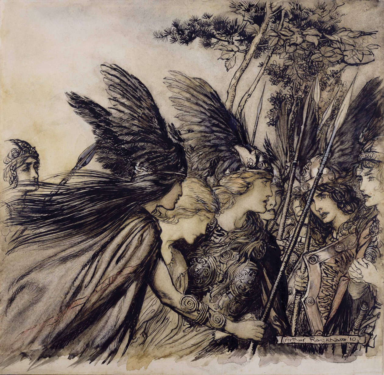 Brunnhilde beder om valkyrierne, illustration fra The Rhinegold and the Valkyrie, af Richard Wagner, udgave udgivet 1910 (pen, blæk & wc på papir) af Arthur Rackham