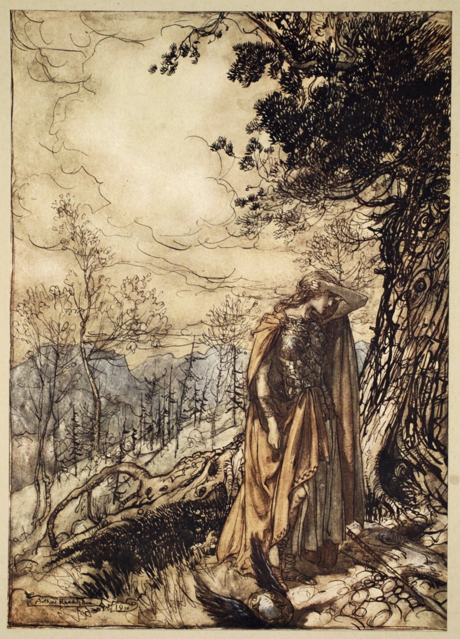 Brunnhilde står længe, fortumlet og forskrækket, illustration fra 