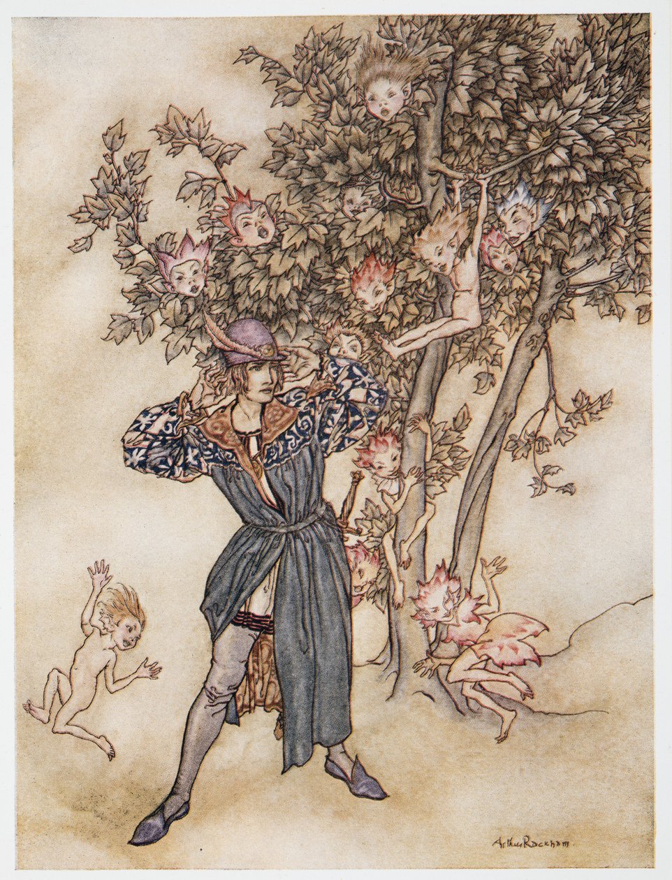 Burthen (fordelt) Hark Hark!, illustration fra William Shakespeares The Tempest, pub. 1926 af Arthur Rackham