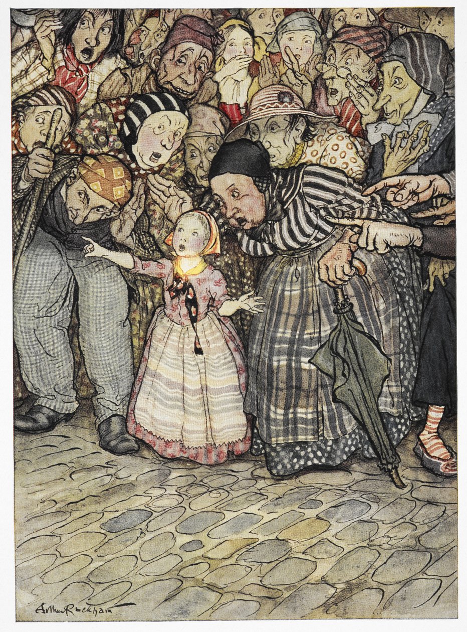 "Men han har slet ikke noget på", sagde et lille barn. Farveillustration til historien, 