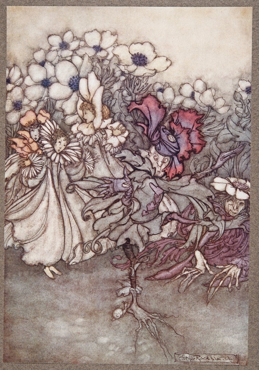 Men hvis du ser efter, og de frygter, at der ikke er tid til at gemme sig, står de ganske stille og foregiver at være blomster, fra Peter Pan i Kensington Gardens af J M Barrie (1860 - 1937), pub. 1906 af Arthur Rackham