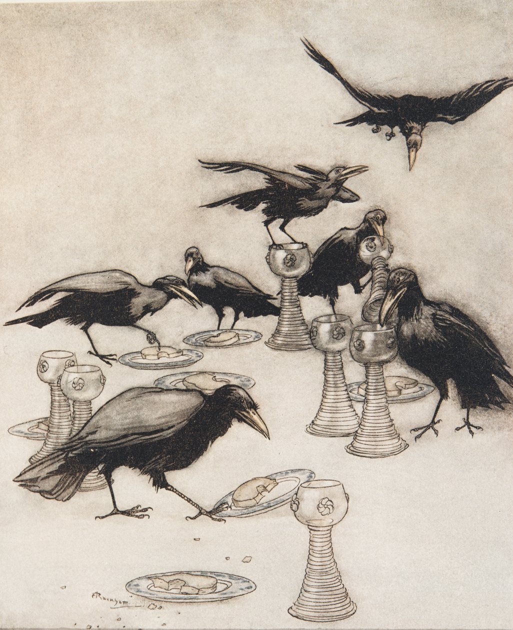 Men de sagde den ene efter den anden Halloa! Hvem har spist af min tallerken? Hvem har drukket min kop? fra The Fairy Tales of the Brothers Grimm, pub. 1909 af Arthur Rackham