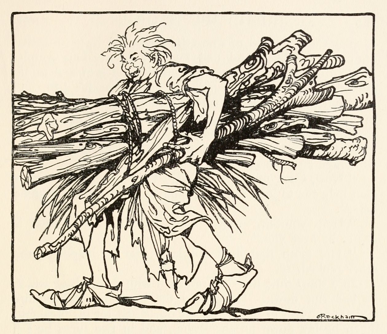 Carl bygger et shelter for natten fra The Carl of the Drab Coat i Irish Fairy Tales af Arthur Rackham
