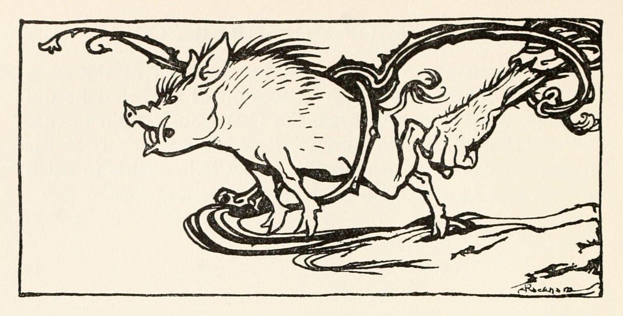 Carl fanger et vildsvin til sin aftensmad, fra The Carl of the Drab Coat i Irish Fairy Tales af Arthur Rackham
