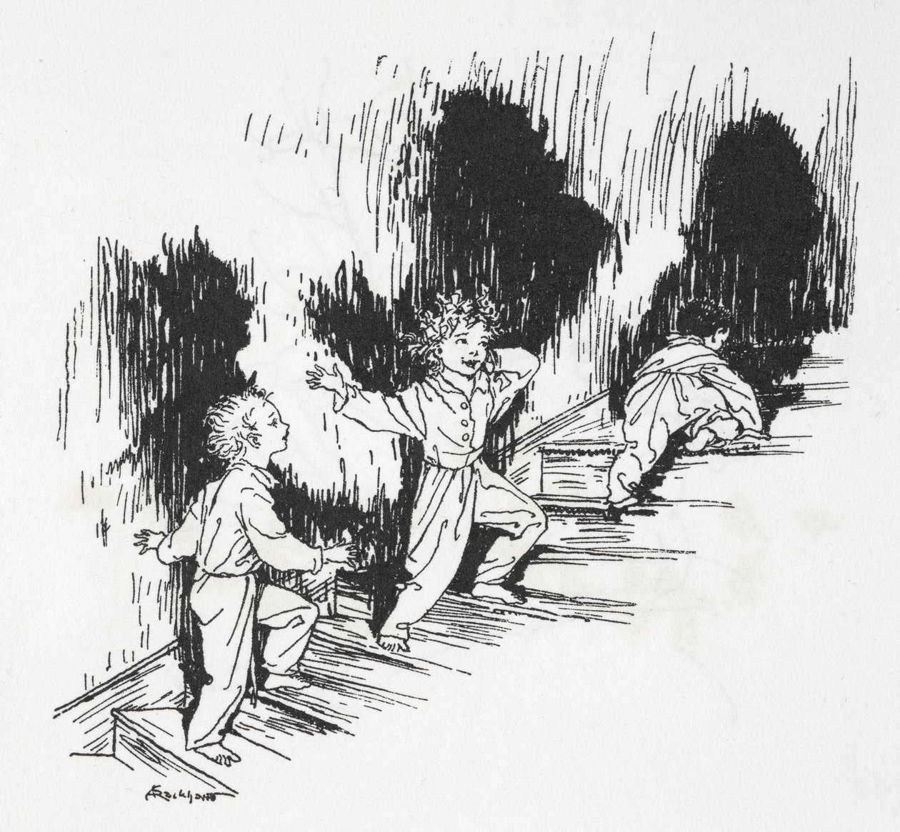 Børn kryber op ad trapperne om natten af Arthur Rackham