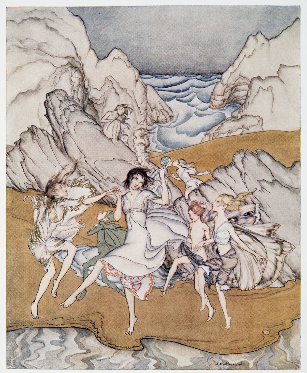 Kom til disse gule sand-illustrationer fra William Shakespeares The Tempest, pub. 1926 af Arthur Rackham
