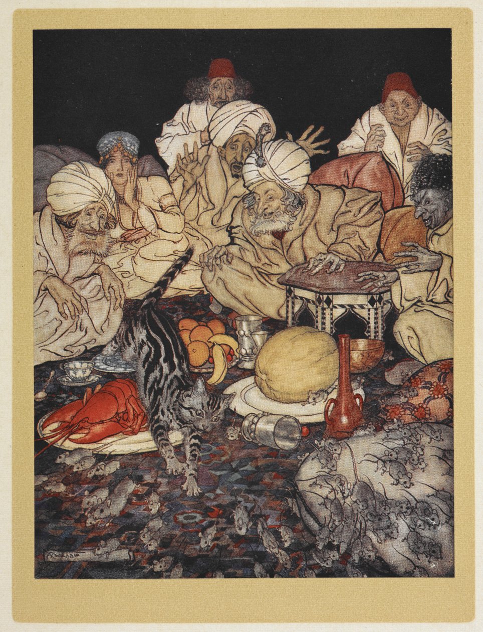 Dick Whittingtons kat rider på maurernes konge af sine mus. af Arthur Rackham