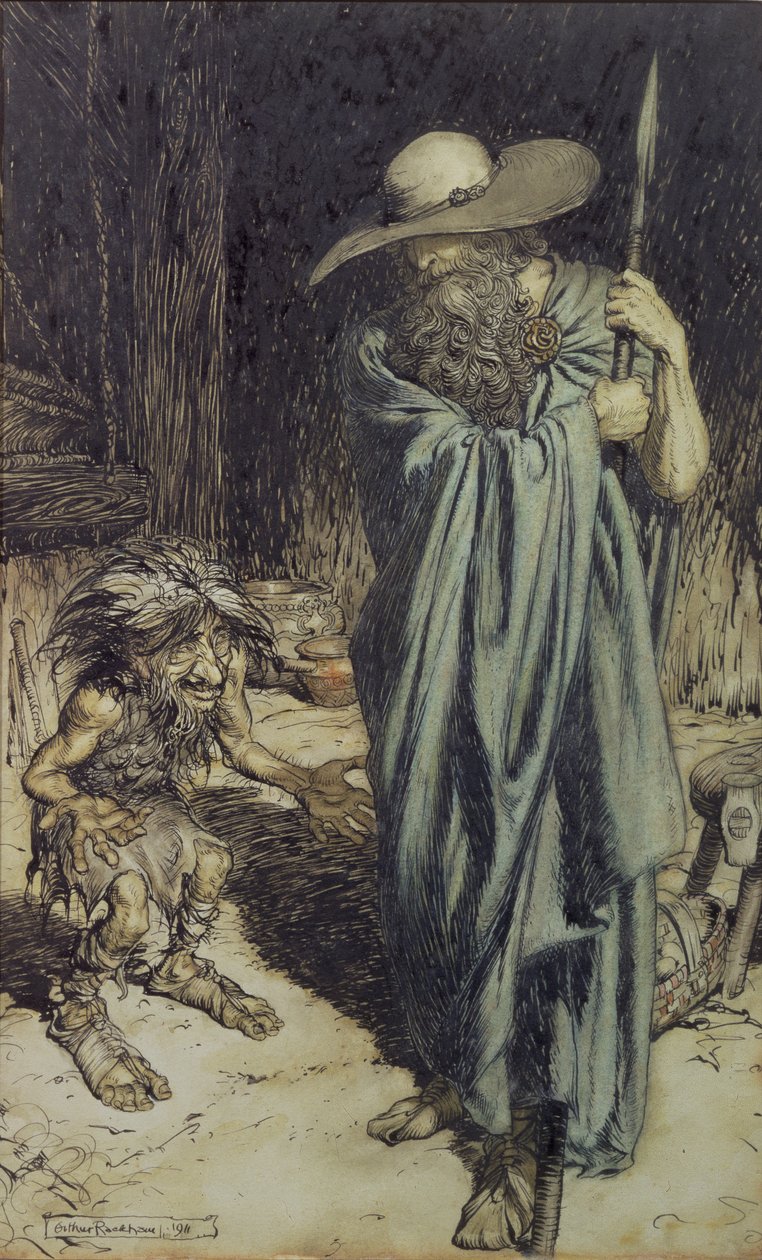 Dværg og kvinde, fra Wagners Ring af Nibelungen, 1911 (wc, pen og blæk) af Arthur Rackham