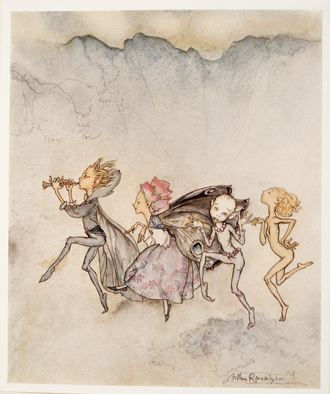 Hver enkelt snubler på tåen og vil være her med moppe og klippe, illustration fra William Shakespeares The Tempest, pub. 1926 af Arthur Rackham