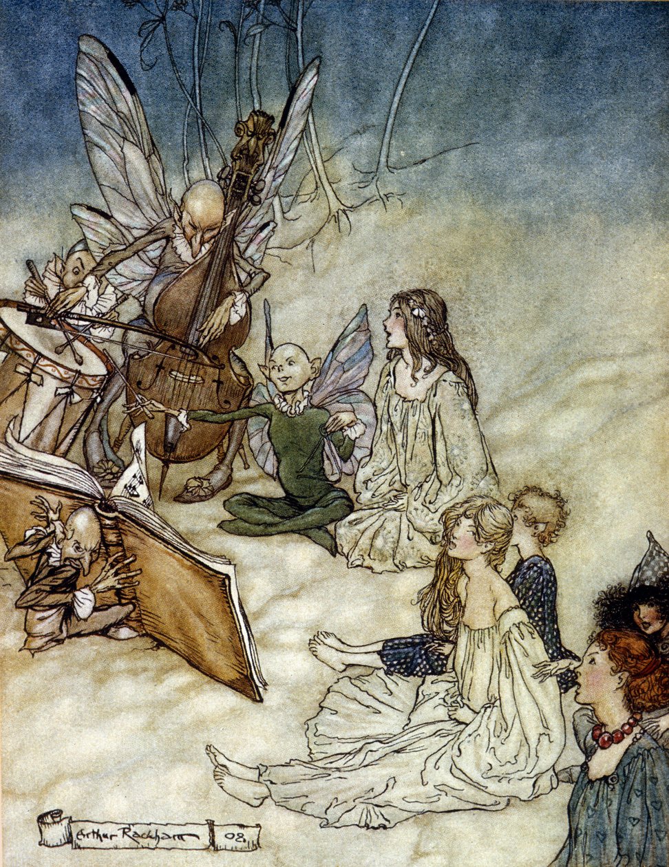 Elves Playing Music Illustration af Arthur RACKHAM (1867-1939) til The Dream of a Summer Night af William SHAKESPEARE af Arthur Rackham